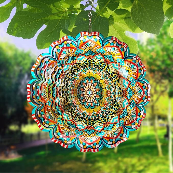 Mandala Wind Spinner - Lucky Star Design | 12-Inch Laser Cut Stainless Steel, Kinetic Hanging Wind Sculpture for Garden, Porch, Patio, Home | Outdoor 3D Metal Windcatcher & Yard Art