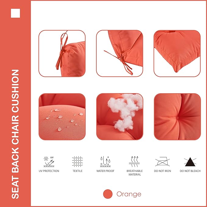 Outdoor Indoor Seat/Back Chair Tufted Cushion,All-Weather Patio Chair Cushion with Ties,for Patio Furniture,Orange