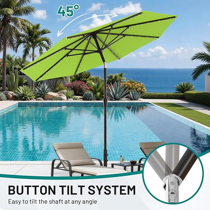 AreShark 9FT Patio Umbrella with Solar Lights, 32 LED Lighted Pool Umbrella w/Tilt and Crank, Outdoor Market Solar Umbrellas for Garden, Deck, Backyard, Pool and Beach, Apple Green