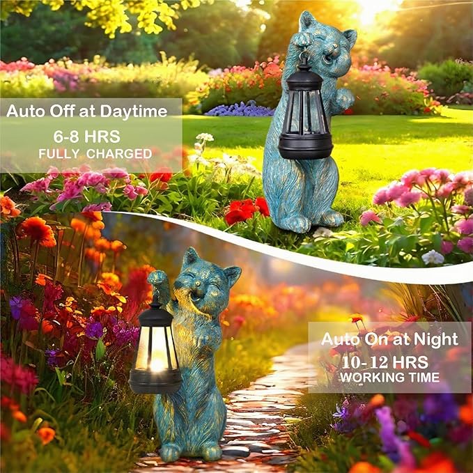 Garden Statue Cat with Solar Lantern Outdoor Decorations Cat Figurine Lights for Outdoor Patio Balcony Yard Porch Lawn for Women Mom Grandma Family Friend