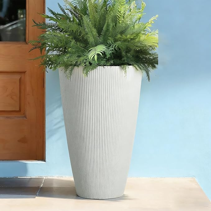 Tall Resin Planter, 22.1" Floor-Standing Pot for Large Indoor & Outdoor Plants, Cream Ribbed