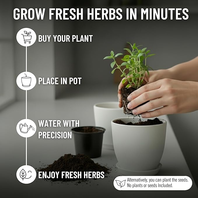 Indoor Garden Kit - Plant Pots with Drainage, Watering Can & Tools - Ideal Windowsill Planter Set - Modern Home & Kitchen Decor Gift - White