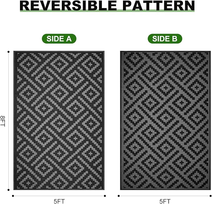 RURALITY Outdoor Rugs 5x8 Feet for Patios Clearance,Plastic Straw Waterproof Mats for Backyard,Porch,Deck,Balcony,Black&Deep Grey
