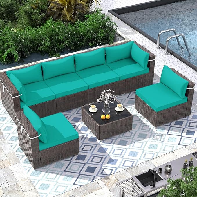 Outdoor Sectional Cushions Replacement Set, 26x26in Patio Furniture Cushions, 14 Pieces Waterproof Outdoor Couch Cushion for 6 Seat Wicker Conversation (Lake Blue)