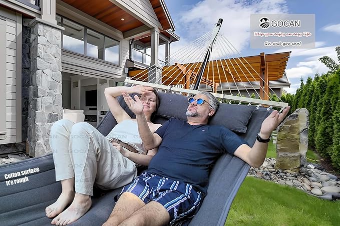 Quilted Fabric Double Hammock won't flip with stand and Spreader Bars,Safer and Sturdier,Quality Hammocks for outdoor indoor patio yard Two sided dual use Deep Grey