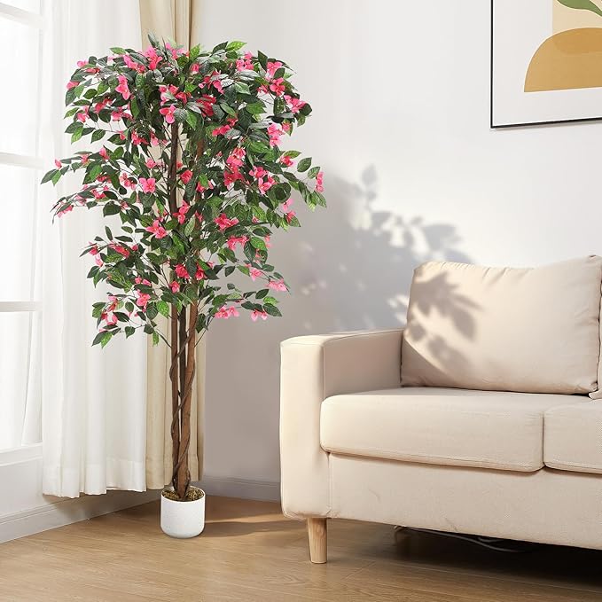 6FT Artificial Bougainvillea Tree, Faux Silk Bougainvillea Plant in Pot, Indoor Outdoor Decor, Potted Faux Flower Tree for Home Office Garden Living Room