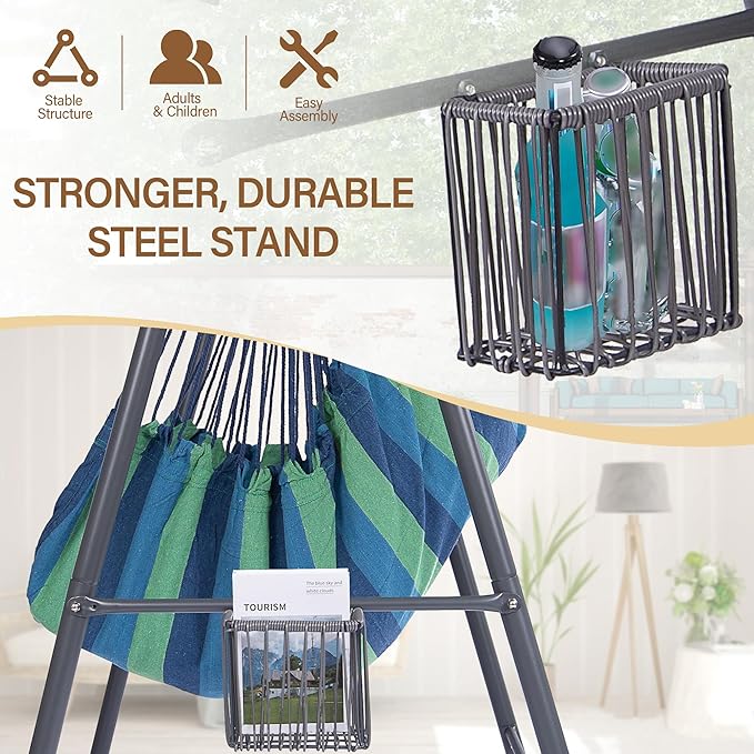 Hammock Chair Hanging Rope Swing & Stand Set with Two Holders, Heavy Duty Hanging Stand with Three Hooks, Multi-Use for Indoor Outdoor Patio Yard Garden(Grey & Blue)