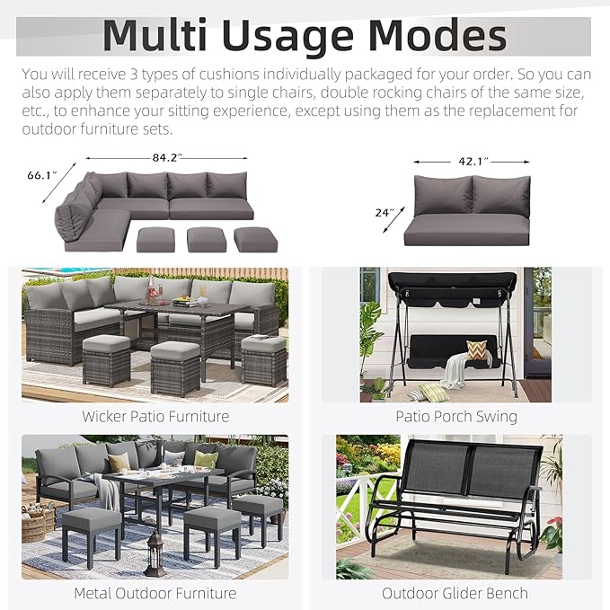 U-MAX Outdoor Cushions, Patio Replacement Cushions for Outdoor Furniture, Fits for 7-Seats Wicker Rattan Conversation Set, 13-Piece Cushions Set for Outdoor Sectional, Dark Grey