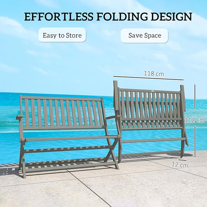 Outsunny Wood Outdoor Bench, 2-Person Foldable Patio Acacia Wood Garden Bench with Backrest and Armrests for Garden, Porch, Park, Balcony, Gray