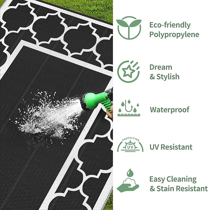 GENIMO 8 ' x 10 ' Outdoor Rug for Patio Clearance, Waterproof Indoor Outdoor Plastic Straw Rugs Carpet, Reversible Outside Area Rv Mat for Camping, Balcony Porch, Deck, Picnic, Beach (Black & White)