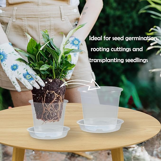 20 Pack 7 Inch Nursery Pots with Drainage and 20 Pack Plant Saucers, Plant Pots for Plants Transparent Flower Potting Containers for Plants Clear Seeding Starter Pot (Clear, 7 Inch)