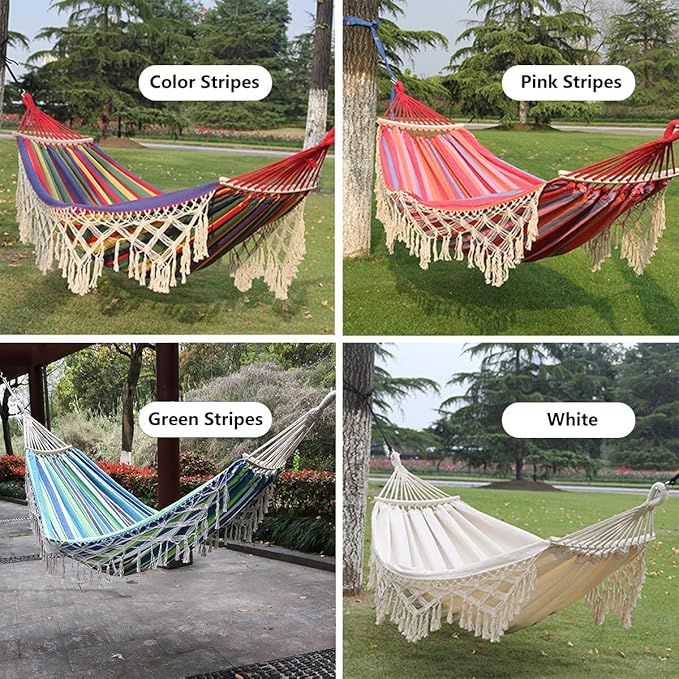 Cotton Canvas Tassel Hammock, Double Boho Hammocks with Macrame Fringe, Portable Camping Indoor Outdoor Garden Hammock Swing with Travel Bag, 150kg Load Capacity White