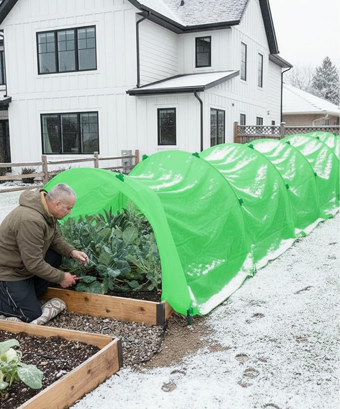 10ft x 33ft Plant Frost Protection Cover, 1.3 oz/yd² Reusable Freeze Blanket with 36 Hoops & 12 Stakes, Garden Greenhouse Tunnel for Winter Snow, Frost & Pest Protection on Outdoor Raised Beds