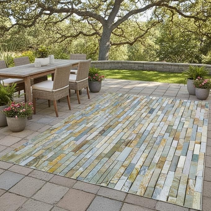 Waterproof Stone Brick Wall Texture Outdoor Rugs for Garden Backyard Patio Balcony Deck Non Slip Easy Clean Outside Carpet Low Pile Washable Stain Resistant Porch Hallway Farmhouse Floor Mat 4x6