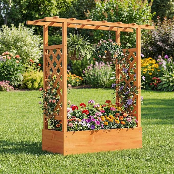 Raised Garden Bed with Trellis, Wood Planter Box w/Trellis, Hanging Roof, Drainage Holes, Freestanding Planter Raised Bed for Outdoor Climbing Plants Flowers, Patio Yard Balcony (1, Orange)