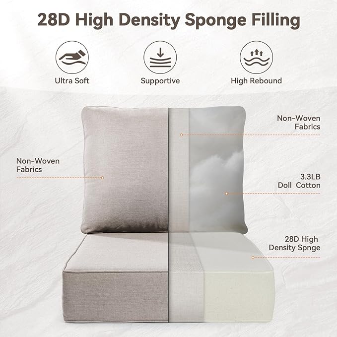 6" Thick Outdoor Cushions 24x24x6, 10-Set Deep Seat Patio Cushions with Removable Cover, Waterproof & Fade Resistant Replacement for Wicker Chair, Loveseat, Sofa - Beige