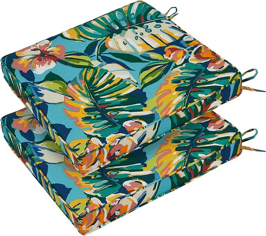 FUNHOME Indoor/Outdoor Chair Cushions Set of 2, 18 x 18 x 2.5 Inch Square Corner Outdoor Cushions for Patio Furniture,2 Packs Patio Chair Cushions with Ties-Rosario Flower Leaf