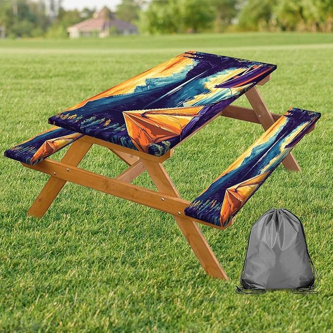 3PCS Picnic Table Cover with Bench Cover Forest Landscape Boat Tent Pattern Camping Tablecloth Fitted Picnic Table Cover with Elastic Windproof Waterproof, Outdoor & Garden Camping Accessories 60IN