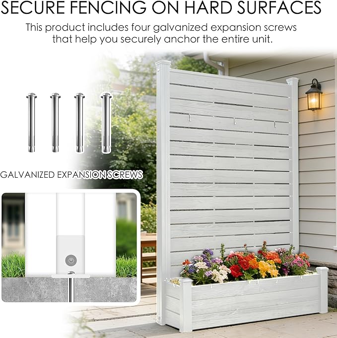 Kozyard Privacy Screen with Planter, 70" H x 51" W Outdoor Garden Screen, Waterproof Aluminum Frame with Thick Wood-Plastic Boards, Decorative Privacy Screen for Patio, Balcony & Backyard White
