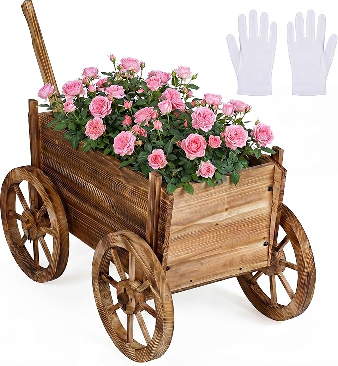 Giantex Wood Wagon Planter, Rustic Rolling Flower Pot Stand with Wheels, Handle & Drainage Hole for Growing Vegetables Herbs, Indoor Outdoor Decorative Cart for Patio Balcony Garden