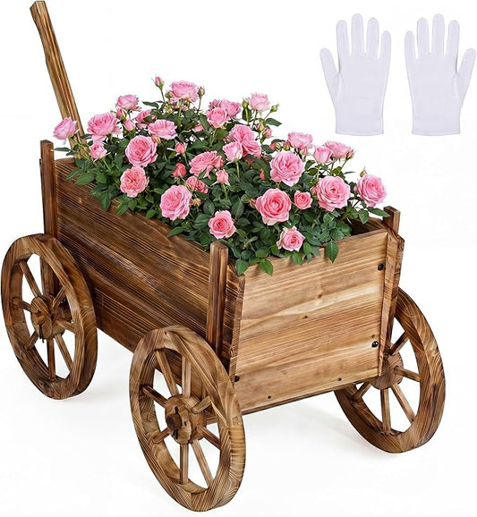 Giantex Wood Wagon Planter, Rustic Rolling Flower Pot Stand with Wheels, Handle & Drainage Hole for Growing Vegetables Herbs, Indoor Outdoor Decorative Cart for Patio Balcony Garden