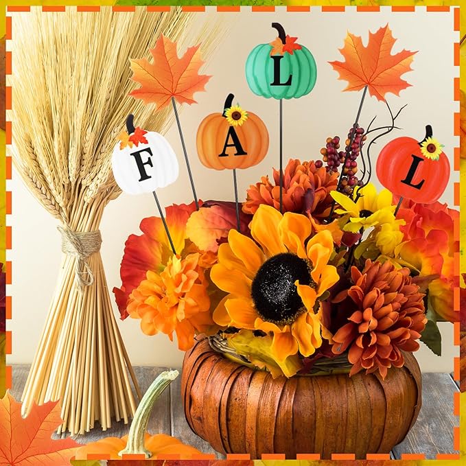 6 Pcs 12'' Thanksgiving Garden Stakes Pumpkin Scarecrow Maple Leaves Fall Metal Yard Sign Yard Stakes Outdoor Thanksgiving Decorations for Planter Lawn Patio Walkway Porch(Classic Style)
