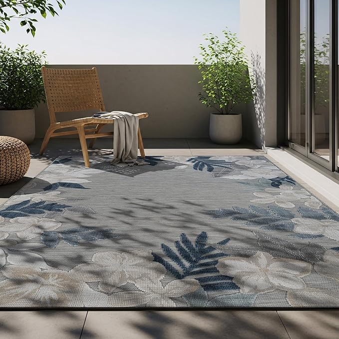 Outdoor Rug 10x14 Washable Area Rugs Indoor Outdoor Carpets Blue Border Floral Non Shedding Waterproof Easy Clean Patio Deck Porch Living Room Bedroom Garden RV (10 X 14 Blue)