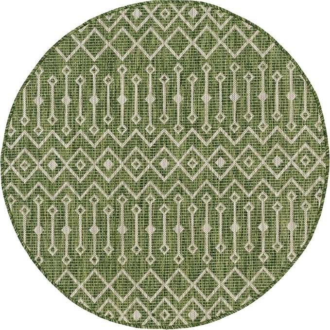 Unique Loom Outdoor Trellis Collection Area Rug - Tribal Trellis (5' 3" Round, Green/ Natural)