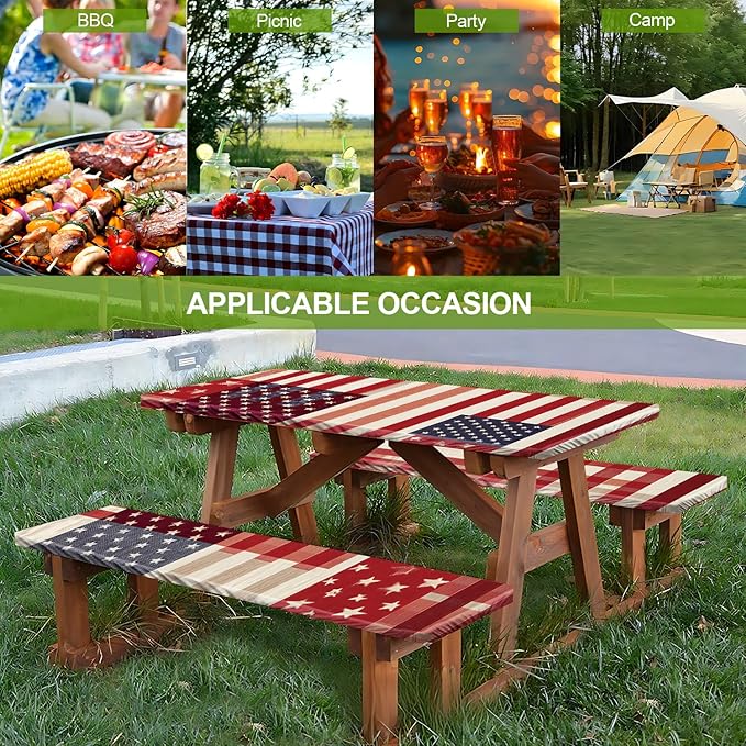 Picnic Table Cover with Bench Covers Set of 3 - Red White Blue Buffalo Plaid Flag Pattern, Elastic Fitted Tablecloth for 6 Ft Tables, Washable Polyester Cover for Camping, Indoor & Outdoor