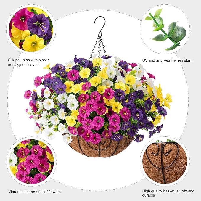 2 Set Artificial Fake Hanging Flowers Plants Baskets for Outdoors Spring Outside Decor , UV Resistant 24 Pcs Faux Silk Morning Glory with 2 Outdoor Hanging Planters Look Real for Porch Patio Balcony