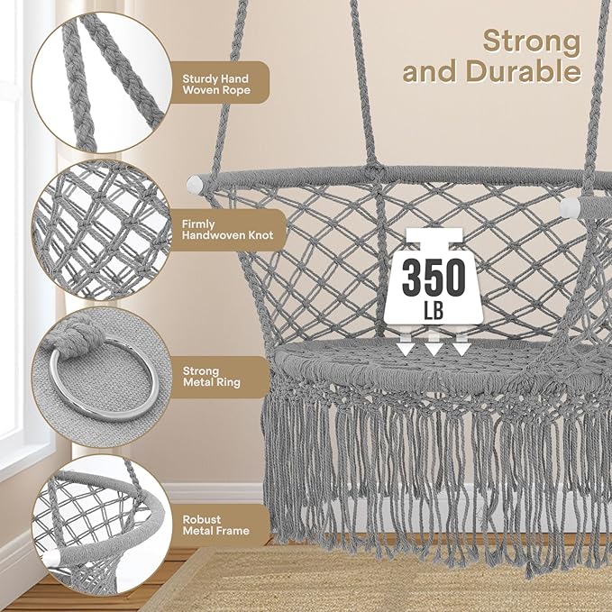 Athena Collection Hammock Swing Chair with Cushion, Outdoor Macrame Chair with Mounting Hardware, Max 350 Lbs, Large Cotton Rope Hanging Chair for Outdoor Indoor Porch Garden, Gray