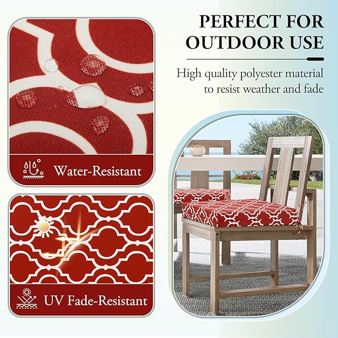 Wellsin Outdoor Chair Cushions for Patio Furniture - Outdoor Cushions for Chairs - Water Resistant Patio Chair Cushions Set of 4, 18.5"X16"X3", Trellis Red