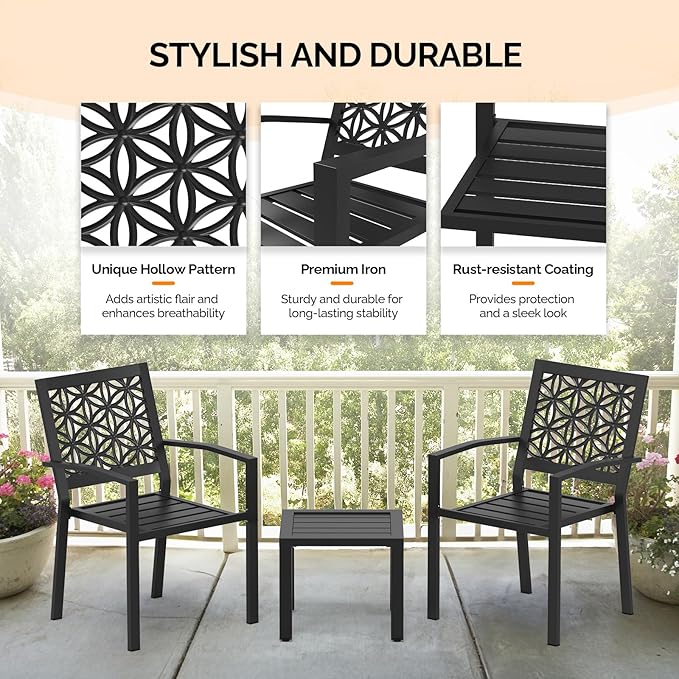 VINGLI 3-Piece Outdoor Bistro Set, Stackable Modern Metal Steel Table and Chairs with Rust-Resistant Coating, Small Patio Furniture Conversation Set for Porch, Deck, Balcony, Garden, Black