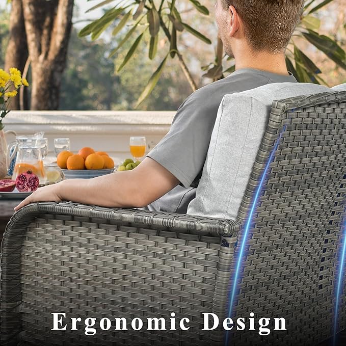 6-Piece Wicker Patio Furniture Set, All-Weather Rattan Conversation Bistro Loveseat Chair and Table Set for Backyard, Balcony and Deck with Soft Cushions and Metal Table(Grey)