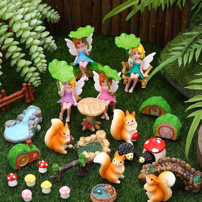 32 PCS Mini Fairy Garden Accessories Kit Miniature Garden Ornaments Included Resin House Statues Tiny Fairies Figurines Animal Plant Set for DIY Terrarium Potted Plants Dollhouse Desk Decor