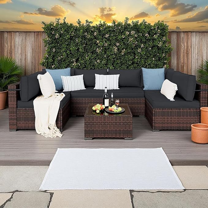 Outdoor Replacement Cushions for Patio Furniture,14-Piece Patio Water-Resistant Replacement Sofa Cushions,Fits 6-seat Sectional Rattan Conversation Set,Liner&Cover Patio Furniture Cushions (Black)
