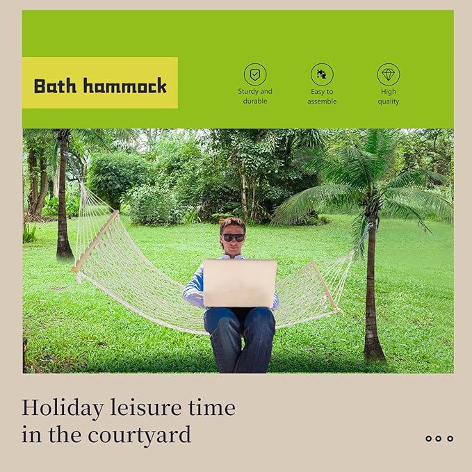 Hammocks Double Rope Hammock,Portable HandwovenTraditional Cotton Rope1 Person Hammock,with Spreader Bar,for Suitable for Patio, Beach, Garden (White)