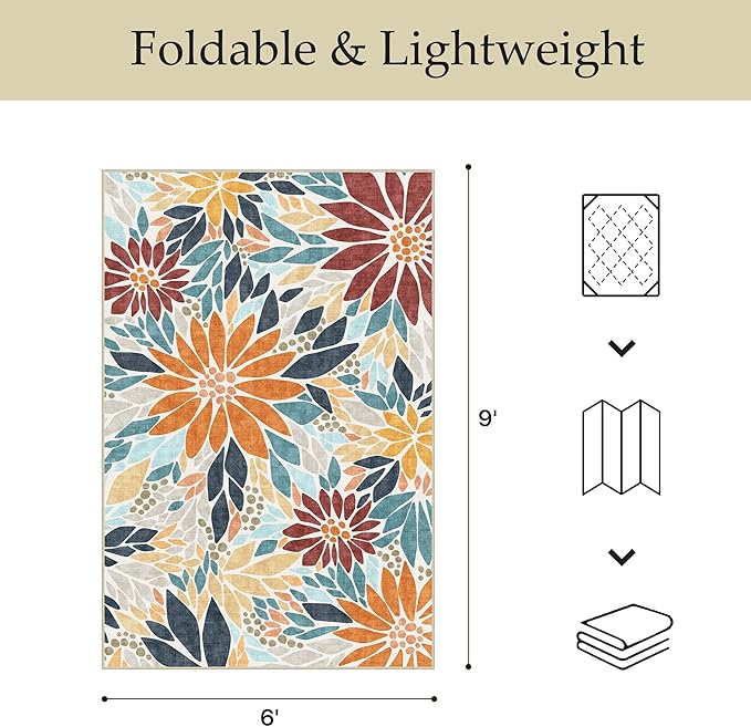 GENIMO Indoor Outdoor Area Rug 6'x9', Machine Washable Rugs for Patio, Waterproof, Non-Slip Easy Cleaning Floral Outdoor Mat Carpet for Living Room, Bedroom, RV, Balcony, Deck, Camping, Orange