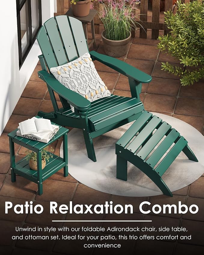GREENVINES Folding-Adirondack-Chair | HDPE Plastic | Fire Pit Chairs | All Weather | Cup Holder | Forest | for Deck Backyard Patio Outdoor Garden