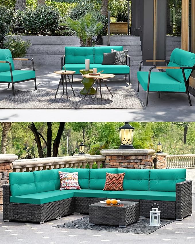YEFU Olefin Outdoor Chair Cushions: Fade Resistant Outdoor Seat Cushion 24 x 24 - All Weather Patio Furniture Cushion with Ties - Deep Seat Patio Cushions for Chair Sofa Couch(Teal)