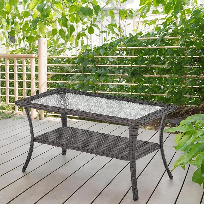 Patio Coffee Table Wicker Table Outdoor PE Rattan Glass Top Table with Storage Shelf Rectangle Patio Outdoor Coffee Table for Patio Garden Balcony Porch Deck Poolside, Brown