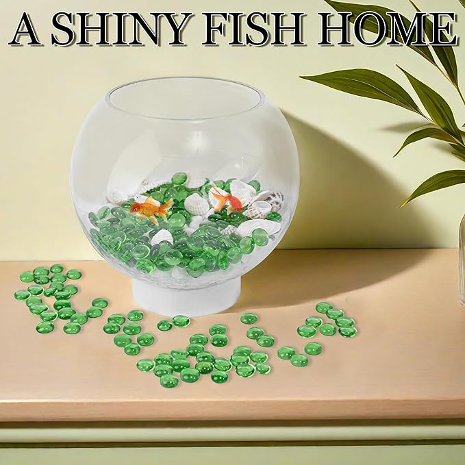50PCS Mini Glass Gems,Green Mancala Stones Flat Bottom Marble Beads for Home Decorative Art Craft Vase Filler(0.5"~0.7")