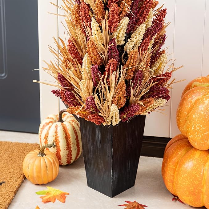 Glitzhome 2 PCS 38”H Fall Porch Tree, Artificial Sorghum Porch Tree Harvest Decoration with Black Planter, Indoor/Outdoor Seasonal Decor for Porch, Garden, Entryway