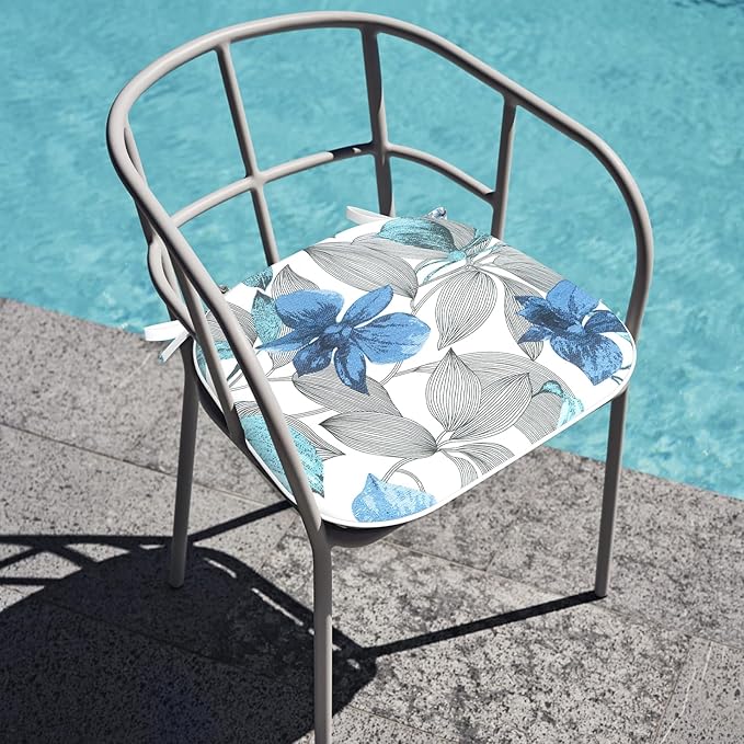 Outdoor Chair Cushions Set of 2, Water Resistant Patio Chair Pads with Ties, Seat Cushions for Home Garden Furniture Decoration, 16"x17", Clemens Noir Blue