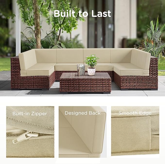 Codi 14-Piece Outdoor Cushions for Patio Furniture, 6 Seat (25.6'' x 25.6'') Waterproof Replacement Cushion Set - High-Density Foam, UV Resistant, Fits Wicker & Rattan Sectional Sofas Beige