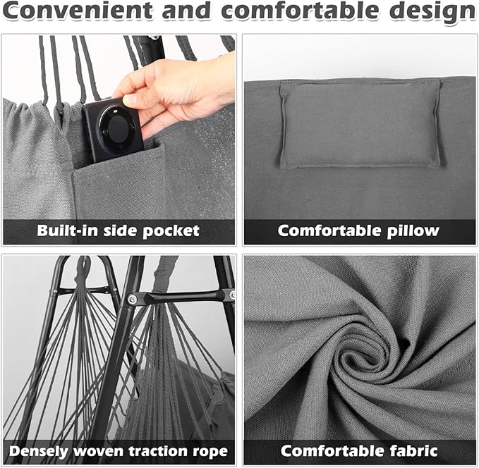 Hammock Chair with U Shape Stand, Cotton Swing Chair with Side Pocket, Heavy-Duty Metal Frame with Hanging Seat, Multi-Functional Swing Stand for Indoor and Outdoor Patio Yard Garden (Black)