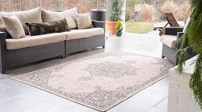 Unique Loom Outdoor Traditional Collection Area Rug - Antique (9' x 12' Rectangle, Beige/ Black)