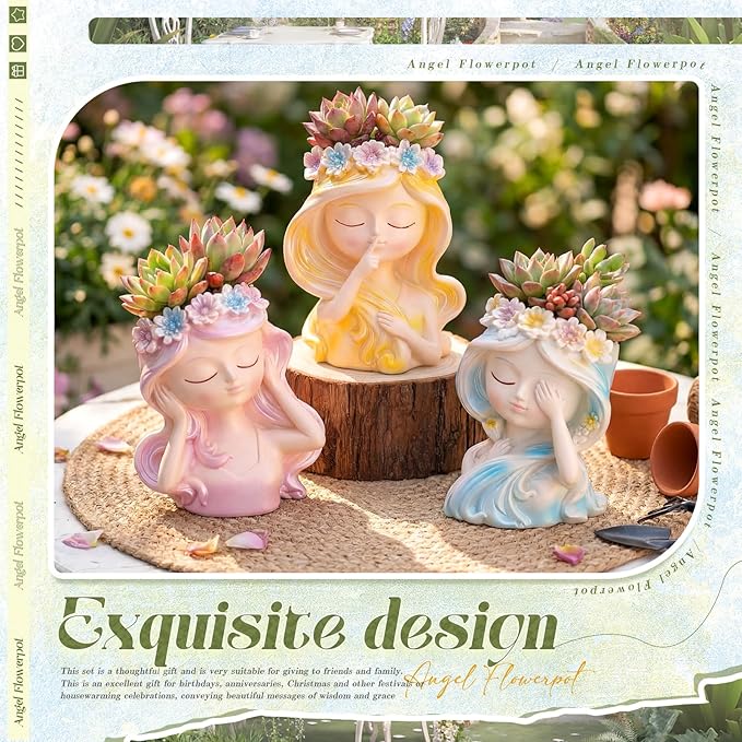 3 Pcs Miniature Fairy Head Succulent Plant Pot Set, 4 Inch Angel Face Flower Pots, Indoor Cactus Pots, Cute Vase Decorations for Garden Home Decor Plant Lovers Gift