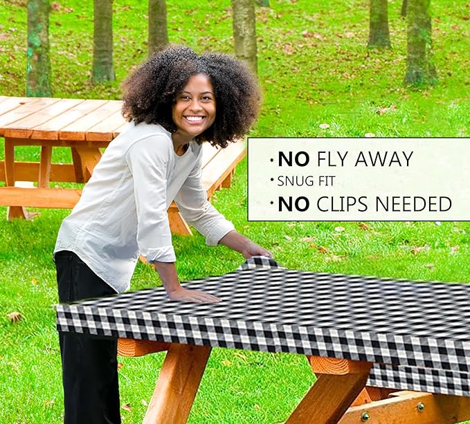 LINPRO 8ft Picnic Table Cover with Bench Covers Vinyl Fitted Picnic Table Covers with Elastic Camping Essentials and Picnic Tablecloth and RV Accessories with Bag