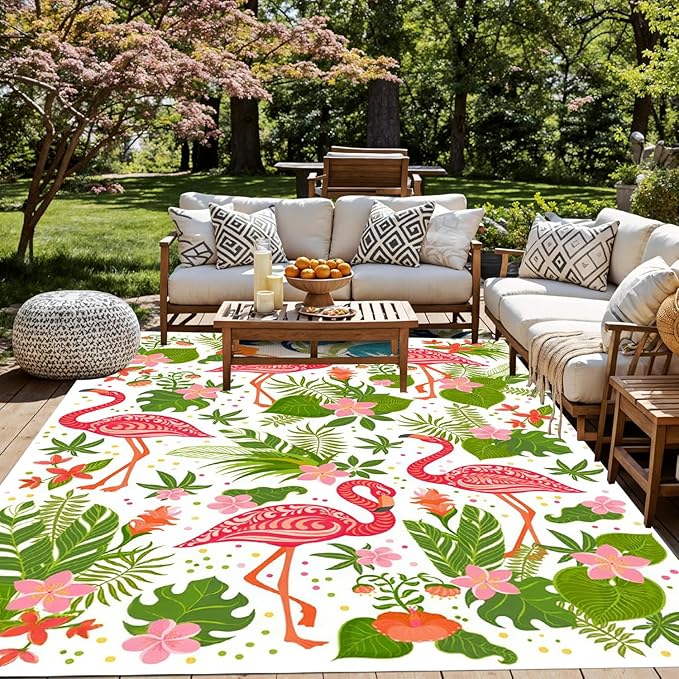 4x6 Pink Green Modern Floral Tropical Outdoor Patio Rug Waterproof Washable Non-Slip Outside Rugs for Balcony Porch Deck Garden Durable Reversible Mat with Flamingo and Flower Pattern